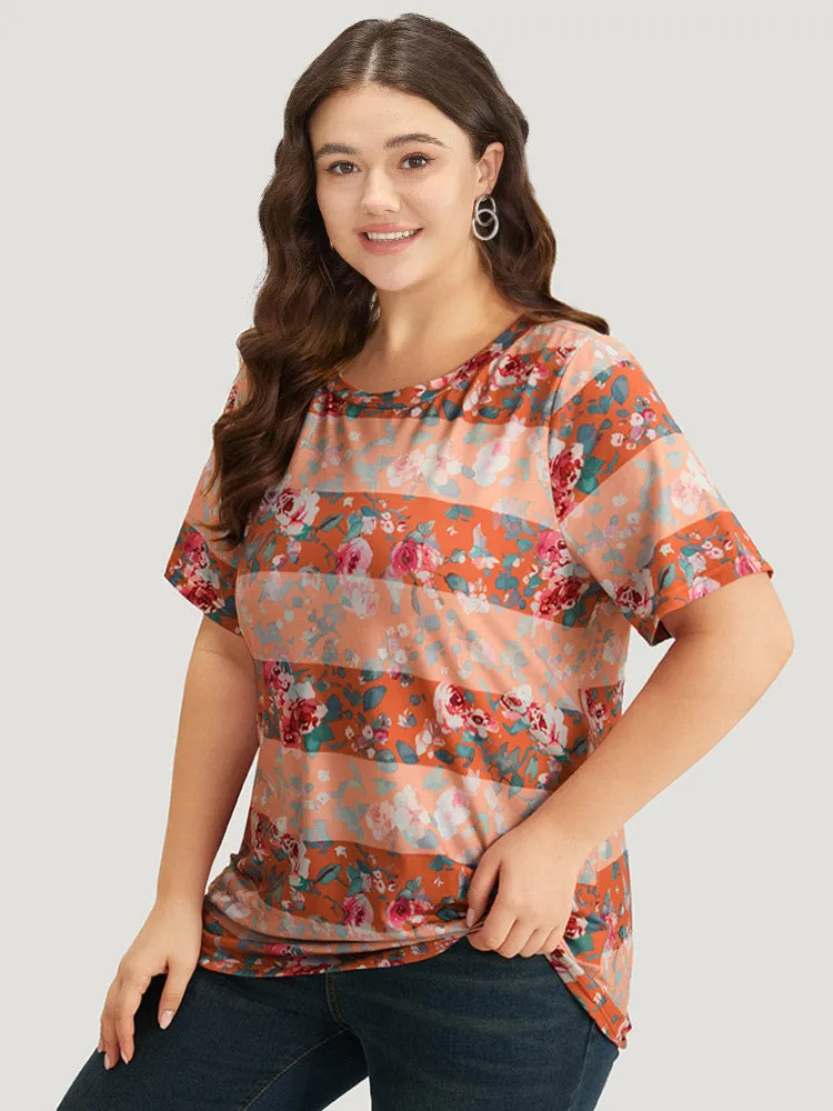 Halloween Floral Print Striped Crew Neck T-shirt sold by Bloomchic product image thumbnail 2