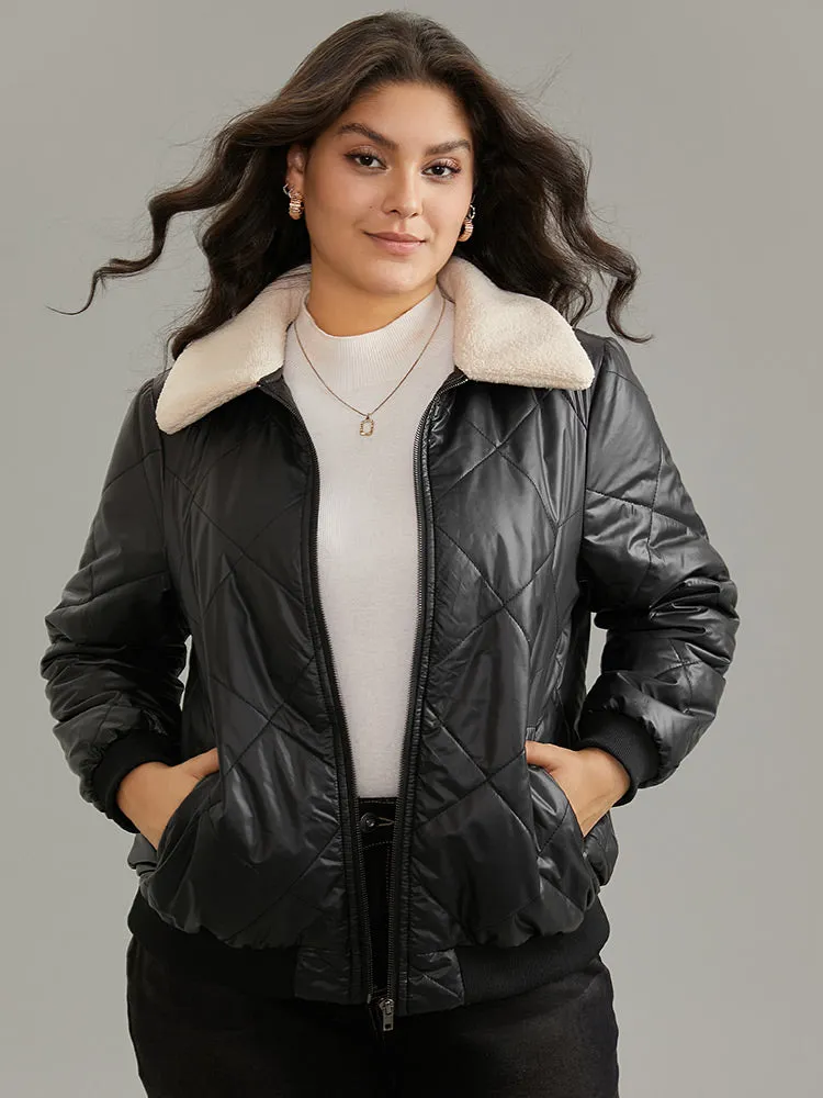 Fuzzy Trim Patchwork Zipper Quilted Jacket sold by Bloomchic product image thumbnail 4