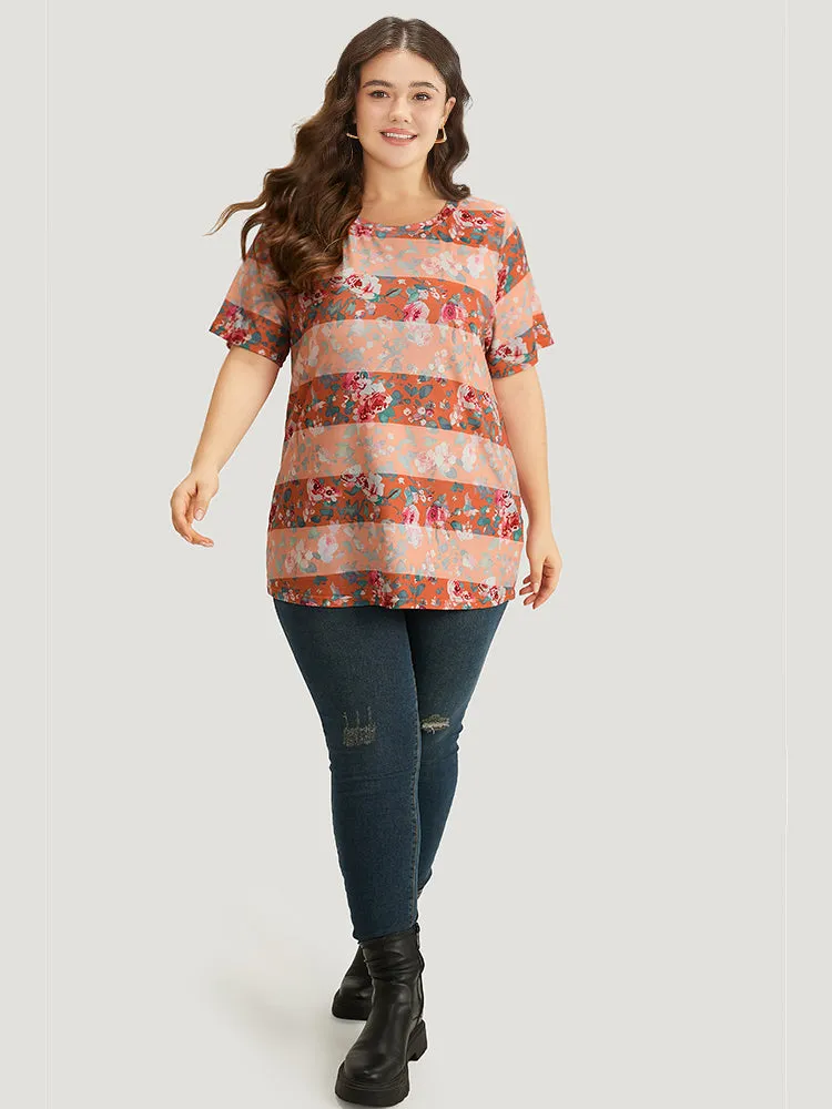 Halloween Floral Print Striped Crew Neck T-shirt sold by Bloomchic product image thumbnail 3