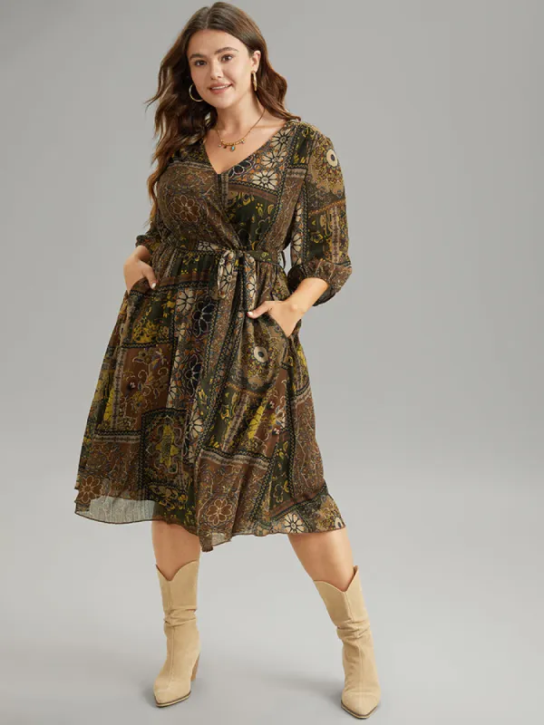 Boho Print Wrap Elastic Waist Belted Dress sold by Bloomchic