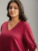 Plain V Neck Tab Sleeve Scalloped Trim Blouse sold by Bloomchic