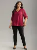 Plain V Neck Tab Sleeve Scalloped Trim Blouse sold by Bloomchic
