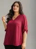 Plain V Neck Tab Sleeve Scalloped Trim Blouse sold by Bloomchic