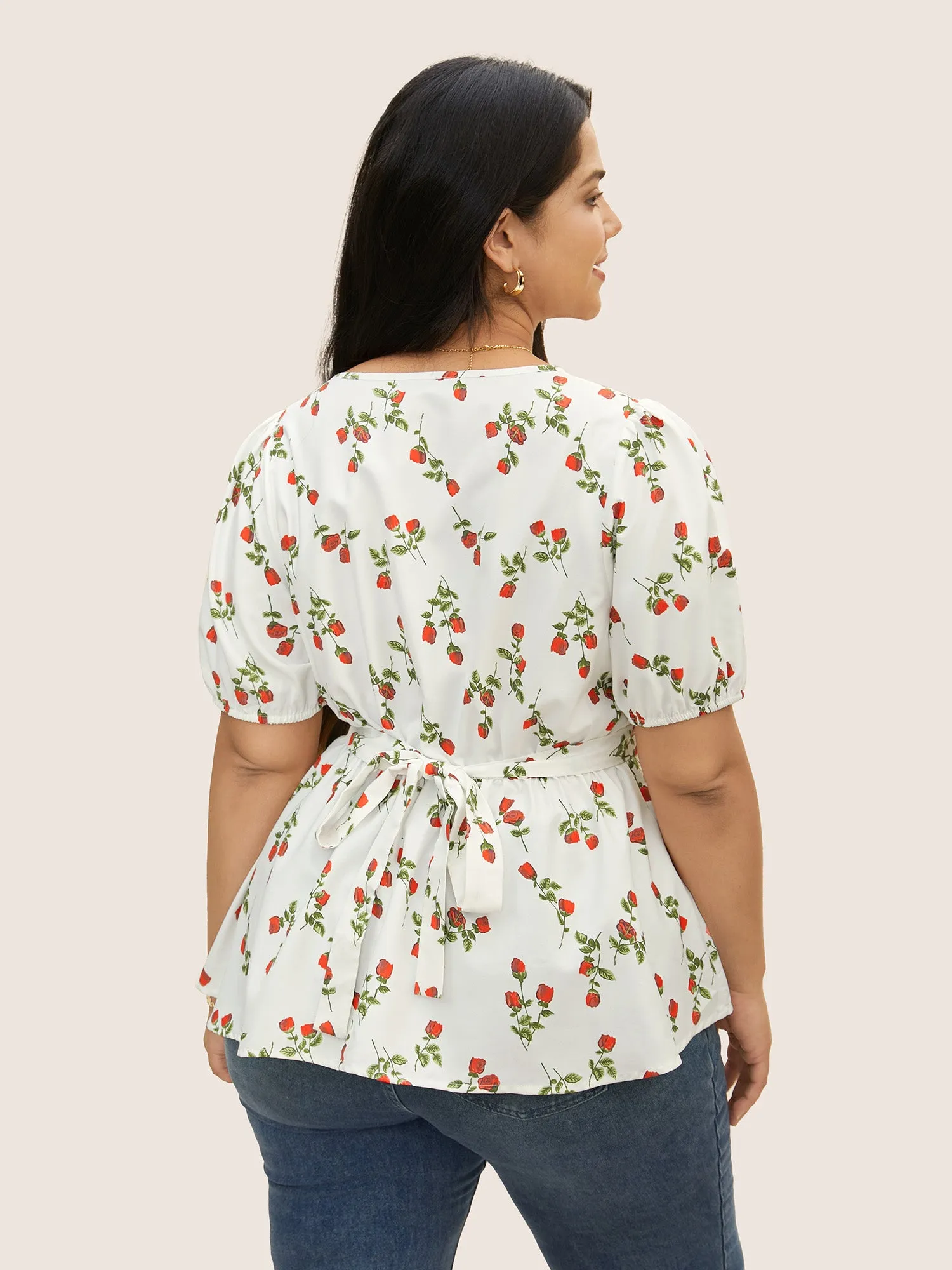 Rose Print Tie Knot Button Detail Ties Blouse sold by Bloomchic product image thumbnail 2