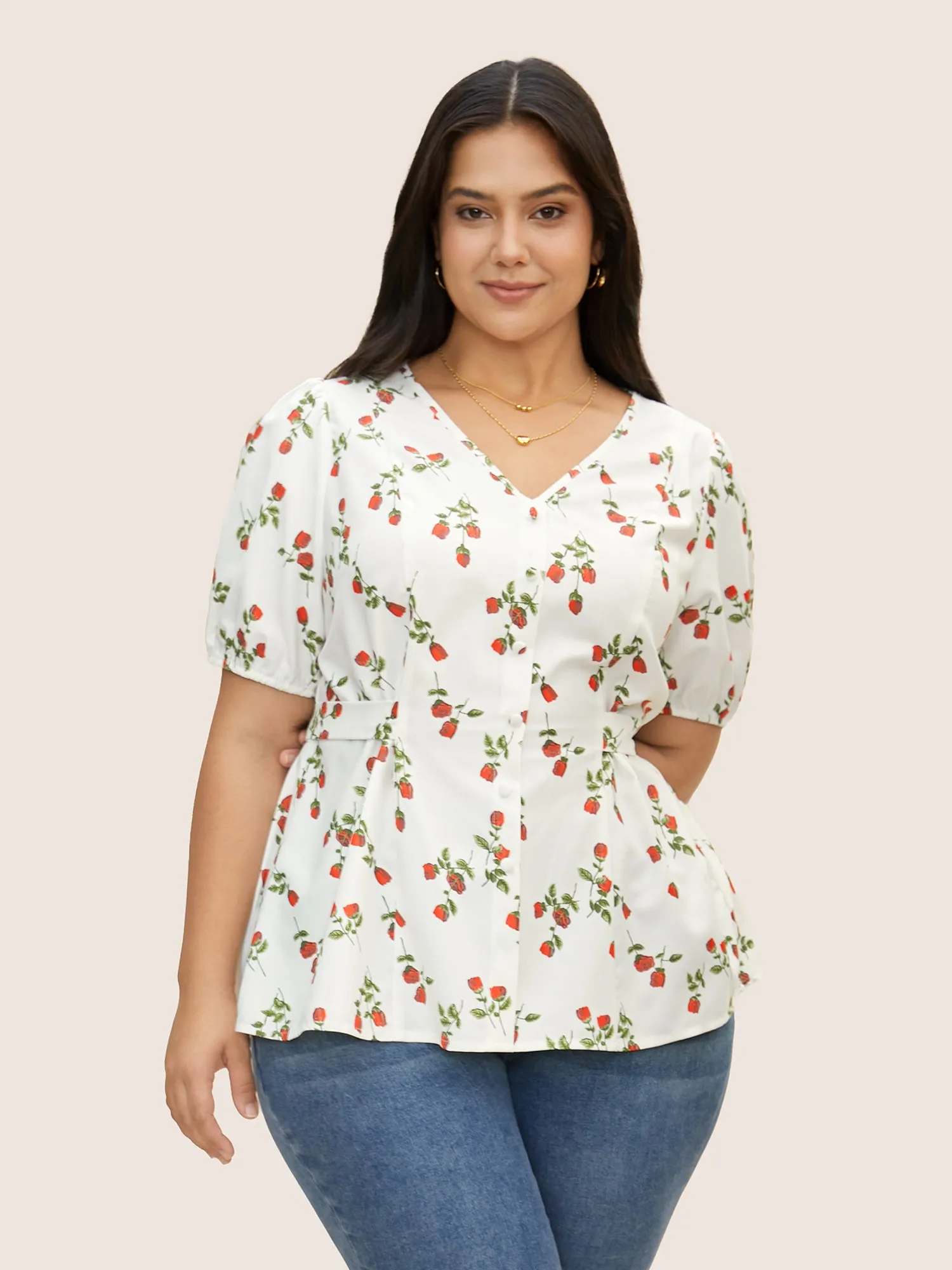 Rose Print Tie Knot Button Detail Ties Blouse sold by Bloomchic