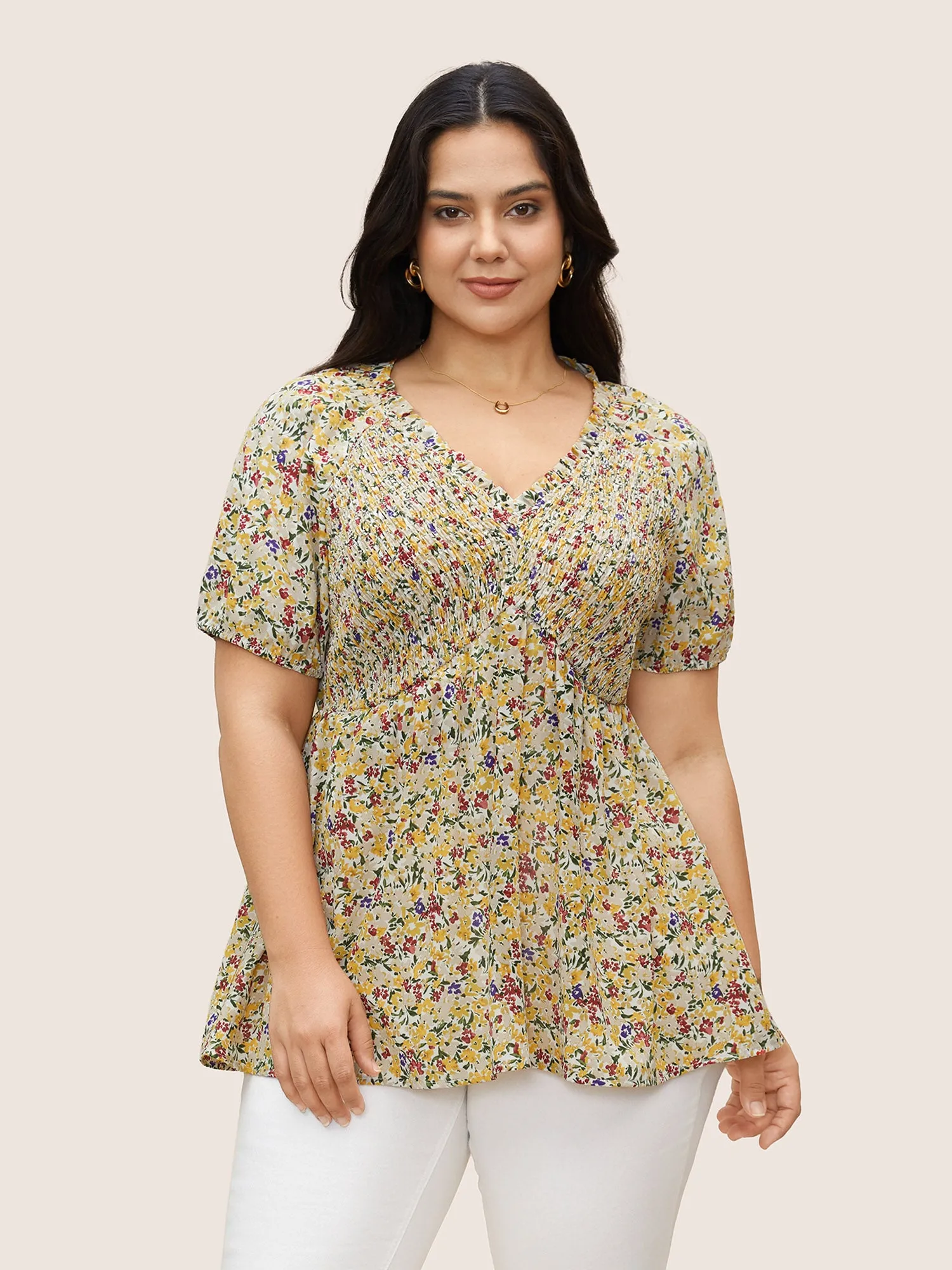 Ditsy Floral Shirred Lantern Sleeve Blouse sold by Bloomchic