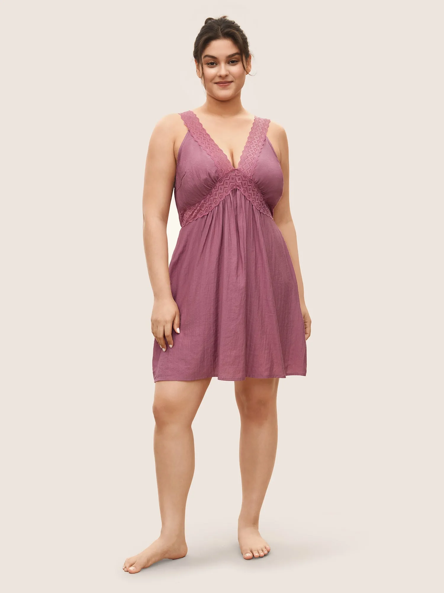 Deep V Neck Lace Patchwork Gathered Sleep Dress sold by Bloomchic product image thumbnail 4