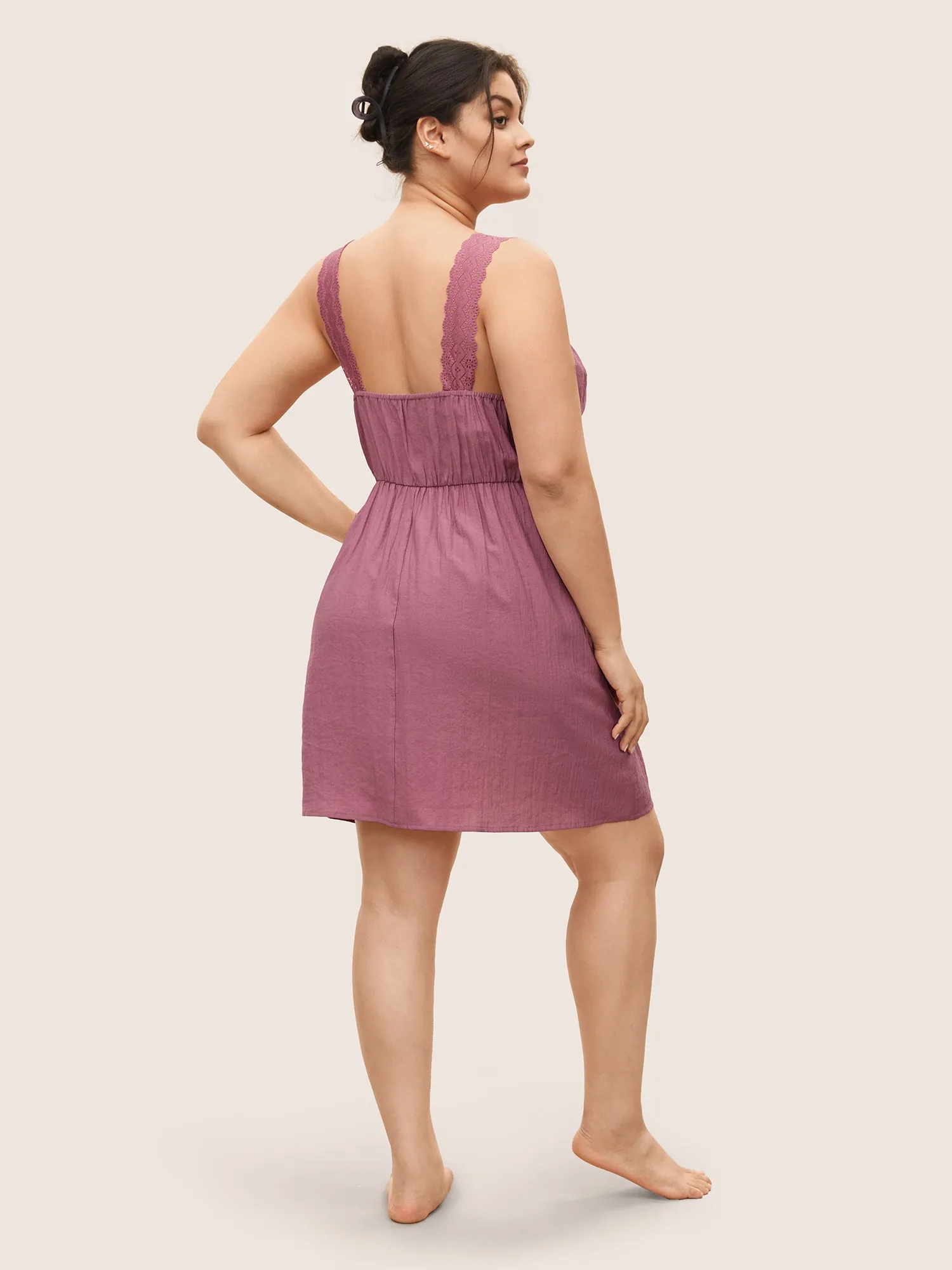 Deep V Neck Lace Patchwork Gathered Sleep Dress sold by Bloomchic product image thumbnail 3