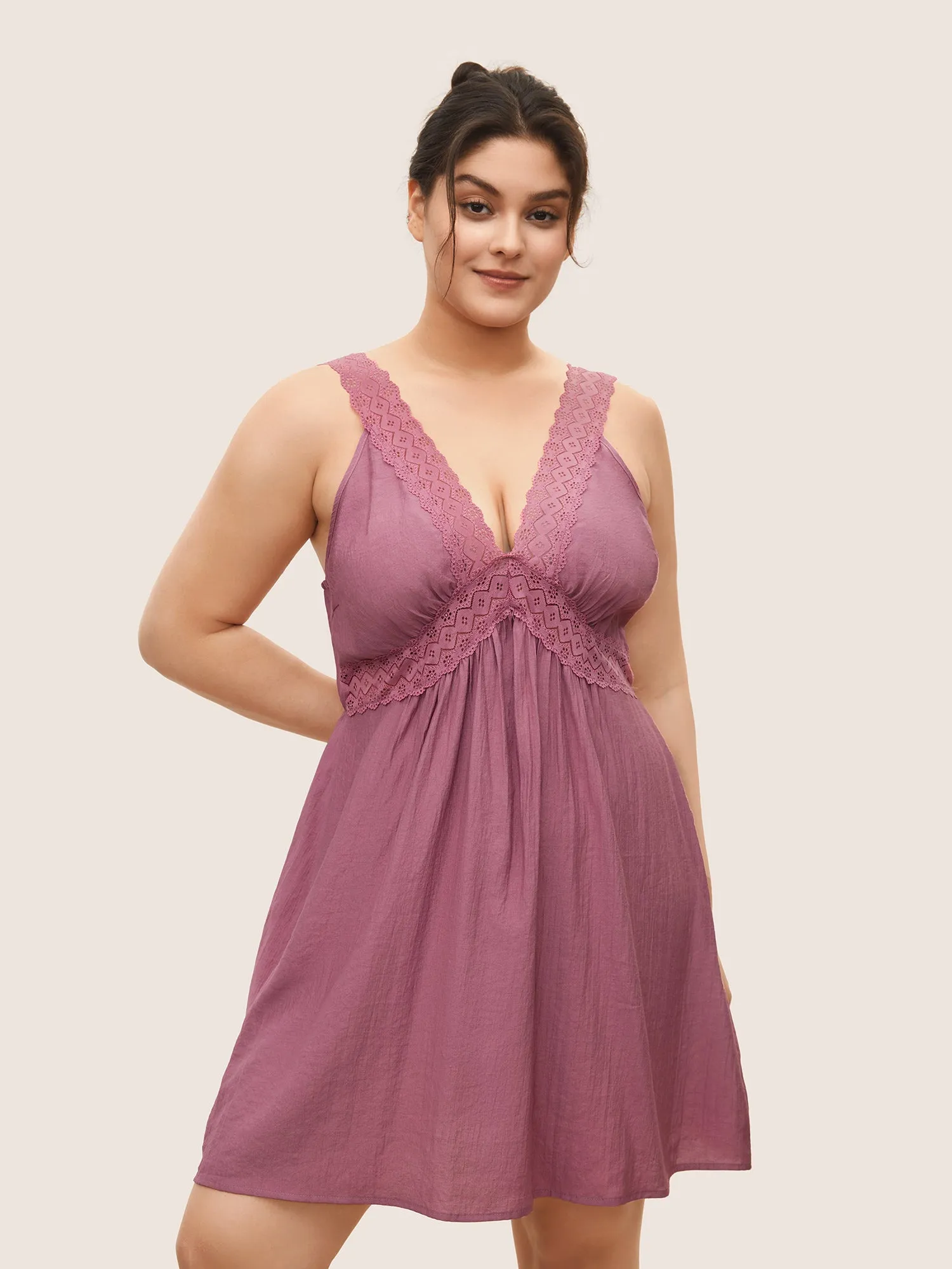 Deep V Neck Lace Patchwork Gathered Sleep Dress sold by Bloomchic