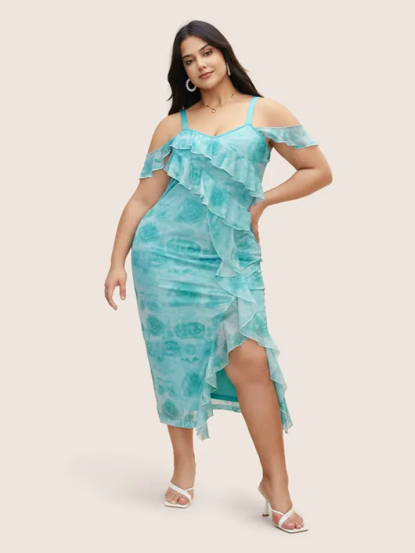 Watercolor Floral Split Front Asymmetrica Ruffles Dress made by Bloomchic