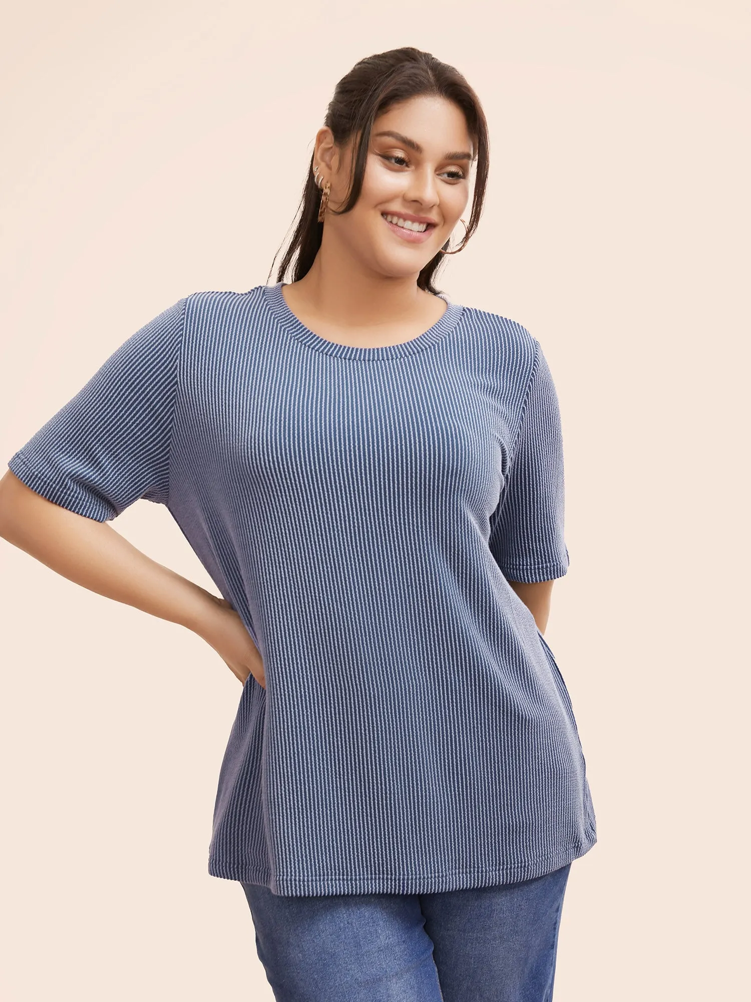 Round Neck Plain Textured Knit T-shirt sold by Bloomchic