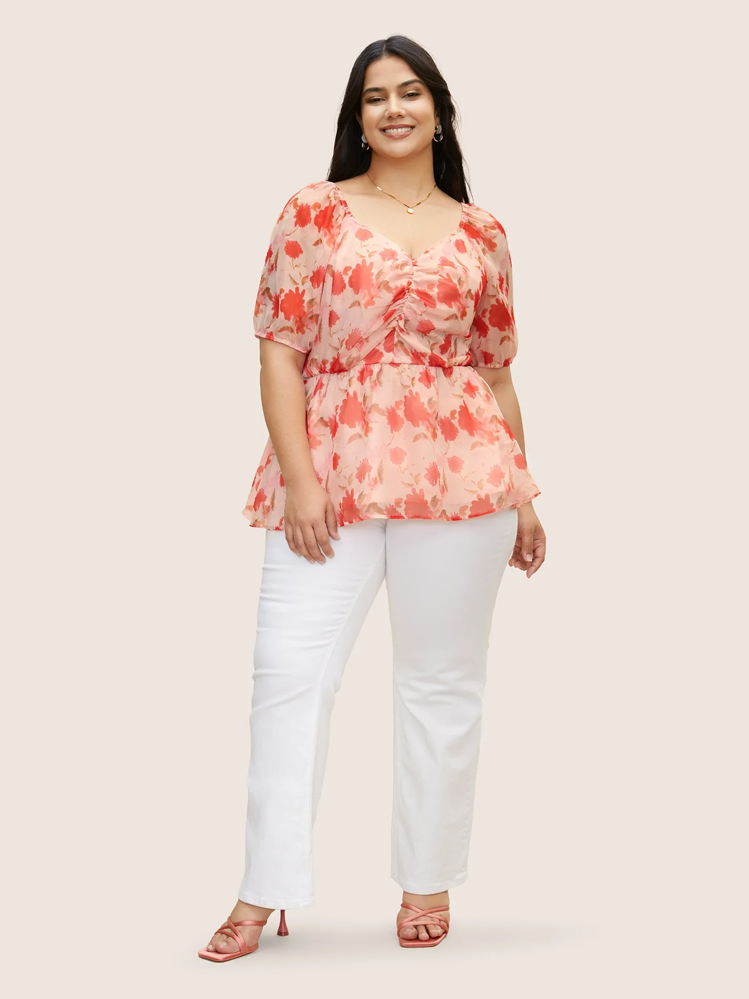 Floral Elastic Waist Mesh Ruched Blouse sold by Bloomchic product image thumbnail 2
