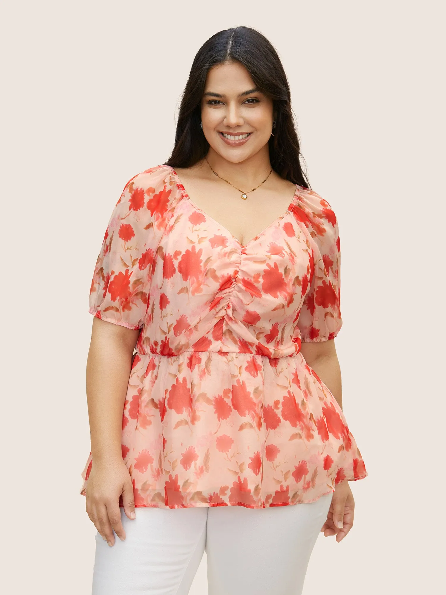 Floral Elastic Waist Mesh Ruched Blouse sold by Bloomchic