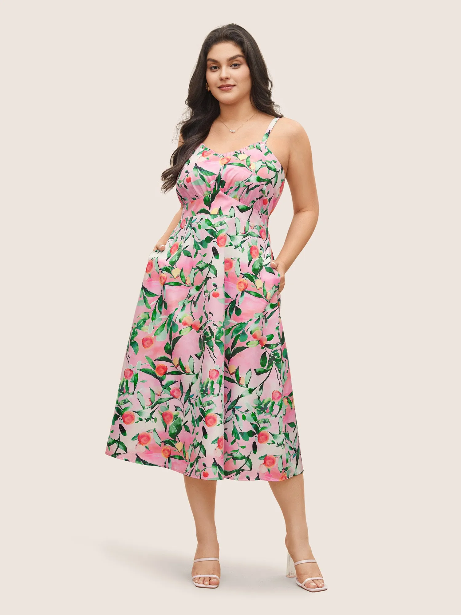 Citrus Fruit Print Frill Trim Pocket Cami Dress sold by Bloomchic