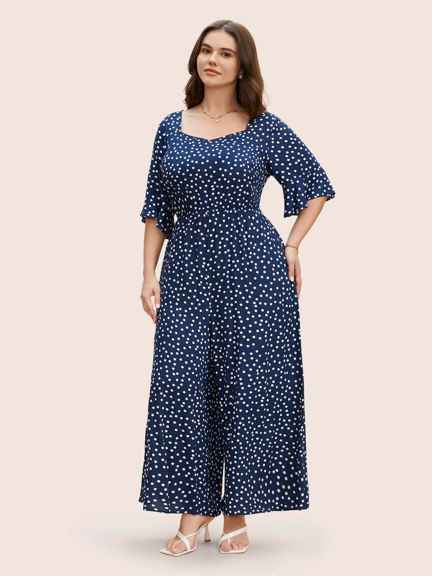 Rayon Heart Neckline Polka Dot Ruffles Jumpsuit sold by Bloomchic product image thumbnail 2
