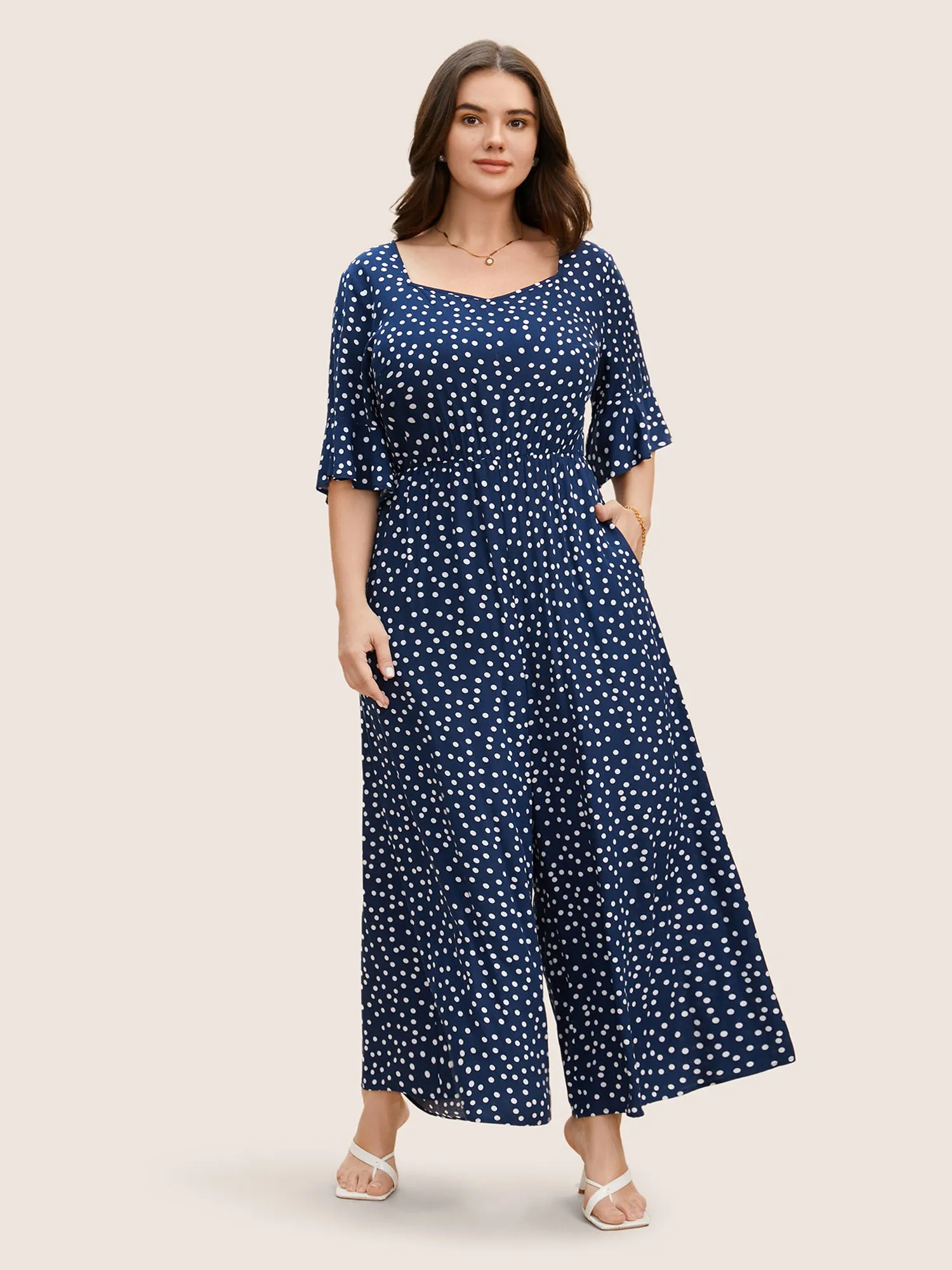 Rayon Heart Neckline Polka Dot Ruffles Jumpsuit sold by Bloomchic