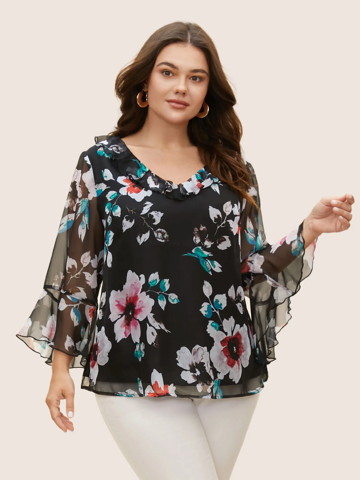 Chiffon Floral Ruffles Mesh Blouse sold by Bloomchic product image thumbnail 4