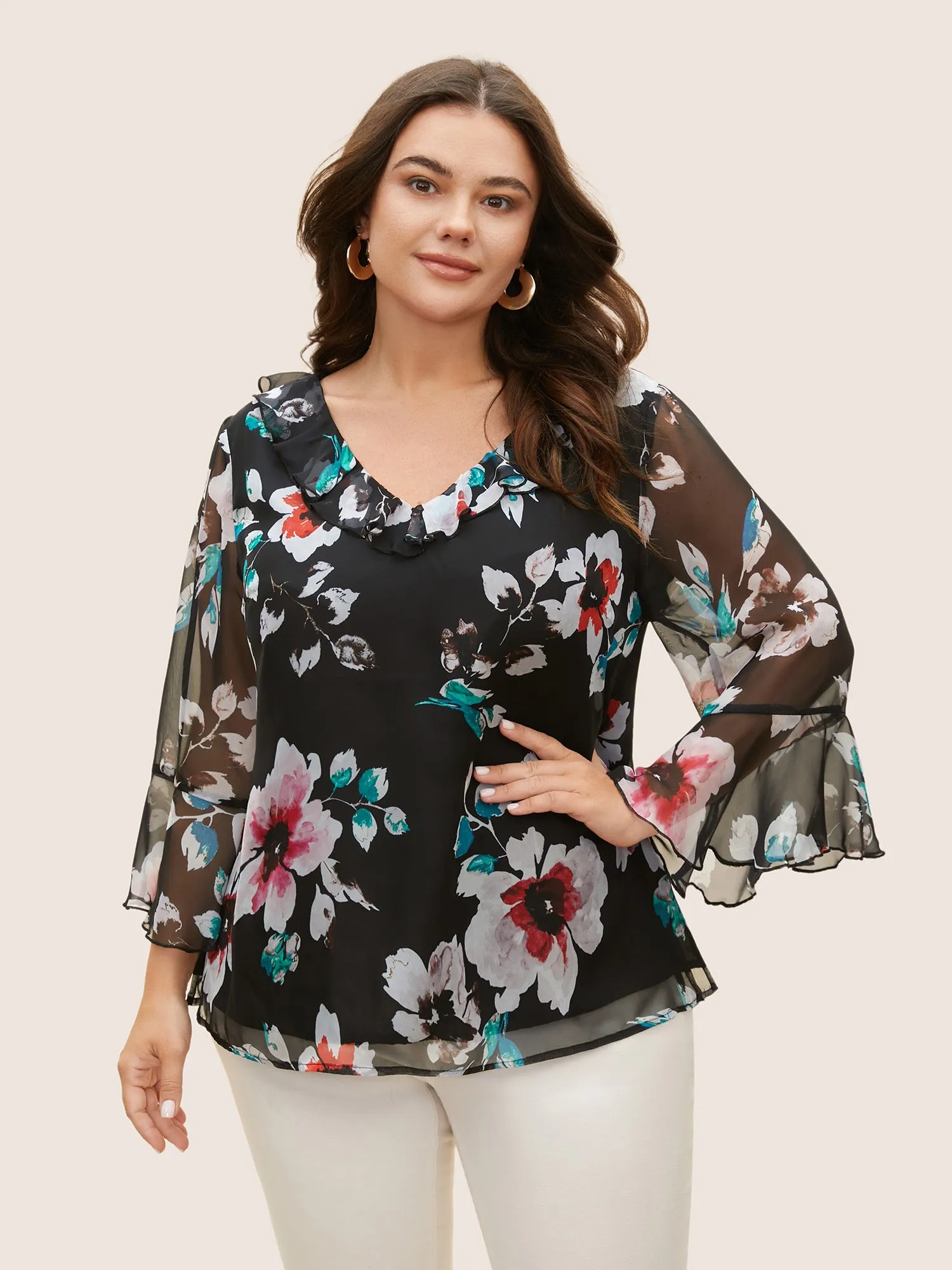 Chiffon Floral Ruffles Mesh Blouse sold by Bloomchic