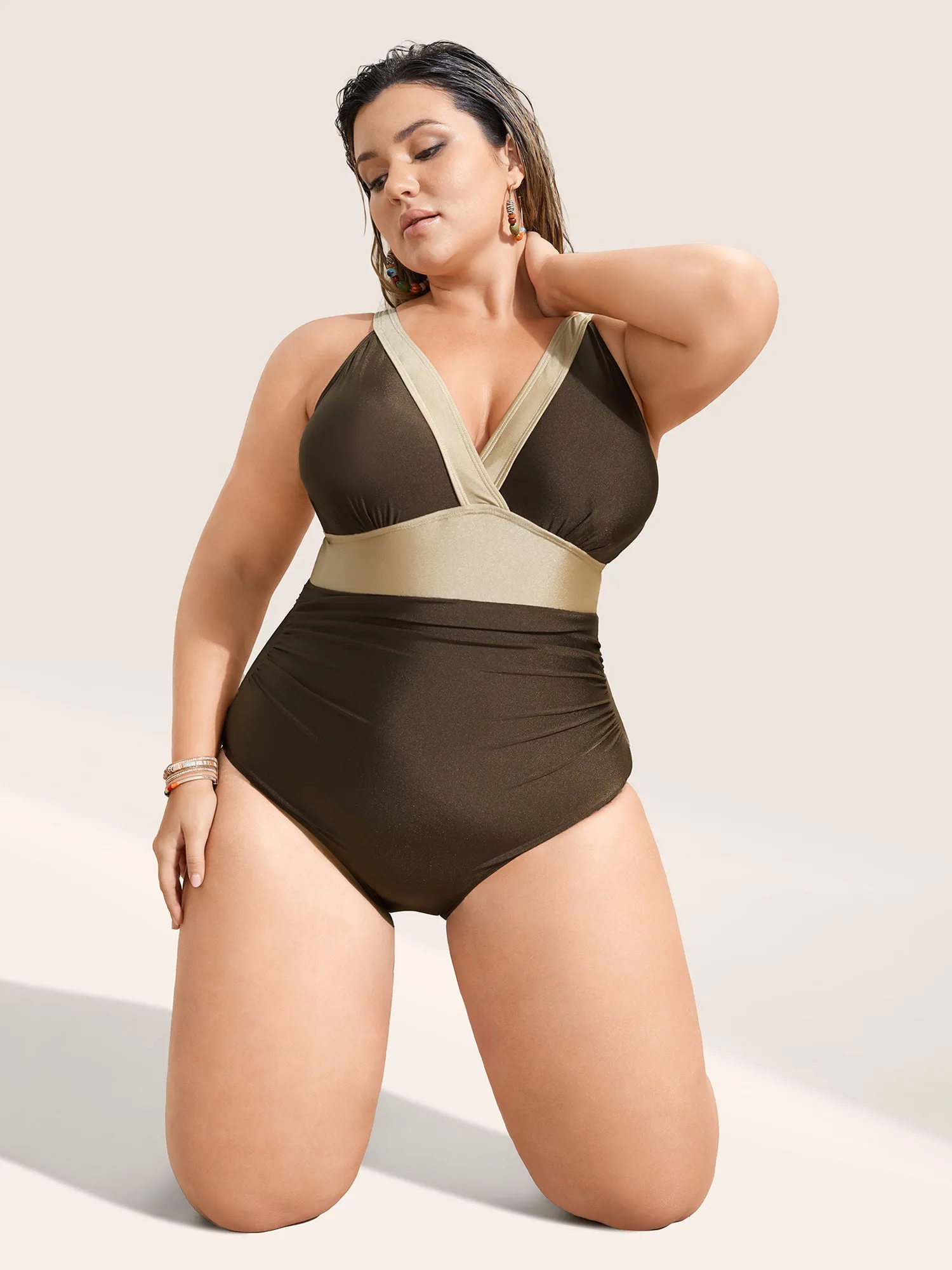 Two Tone Wrap Ruched One Piece Swimsuit sold by Bloomchic