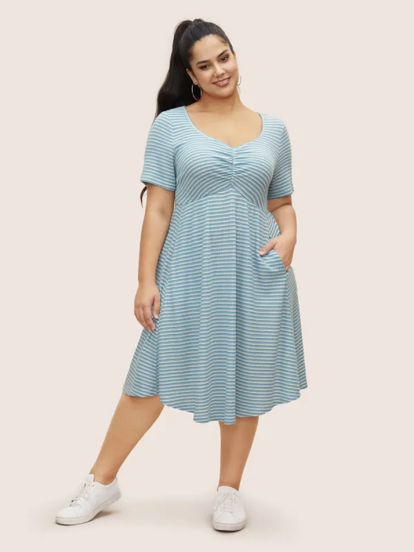 Stripes Waffle Knit Ruched Pocket Dress sold by Bloomchic