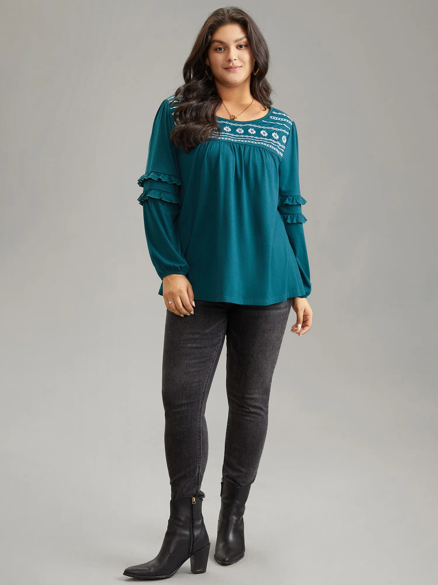 Boho Print Embroidered Ruffle Trim Gathered T-shirt sold by Bloomchic product image thumbnail 4