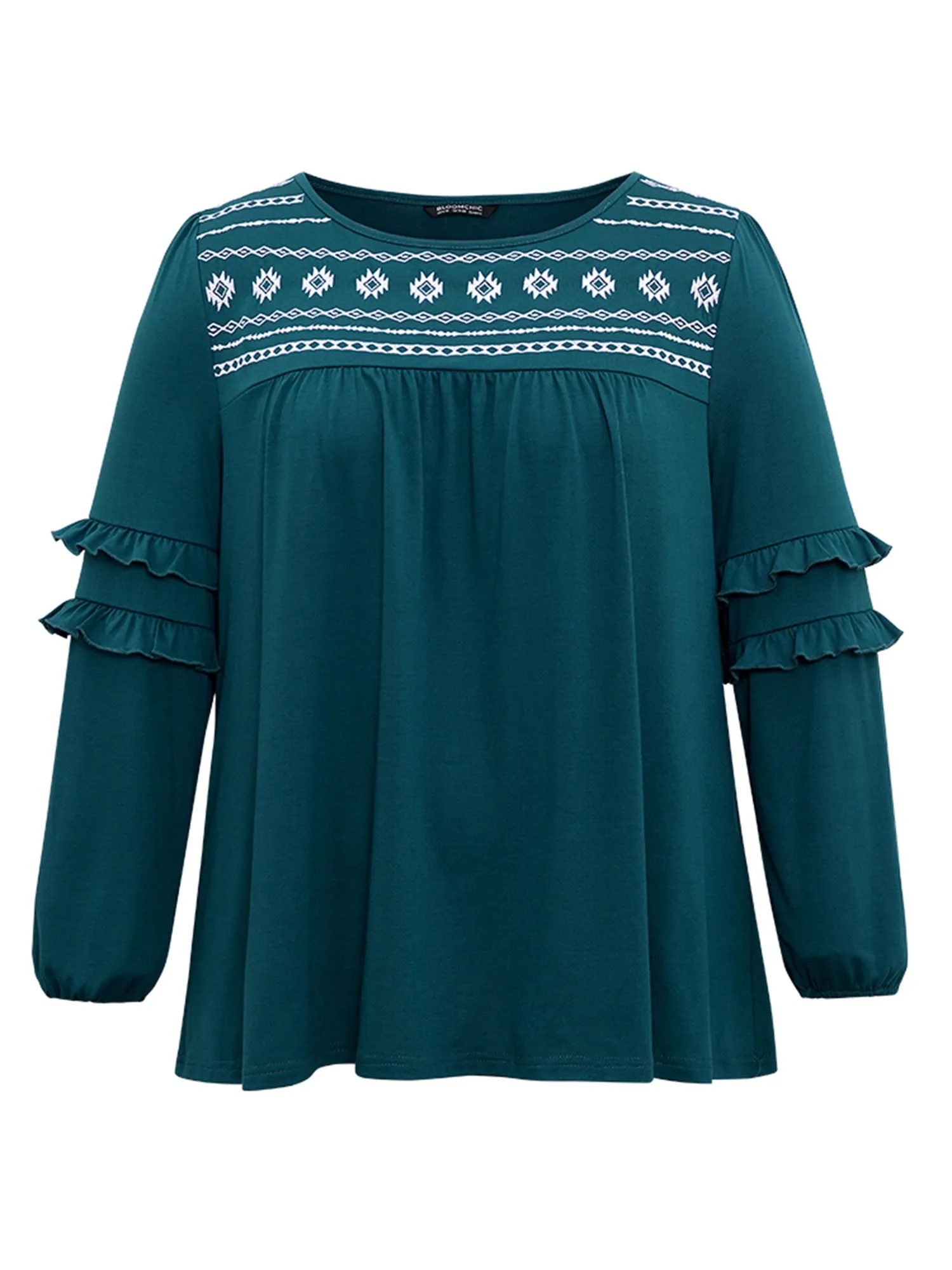 Boho Print Embroidered Ruffle Trim Gathered T-shirt sold by Bloomchic product image thumbnail 5