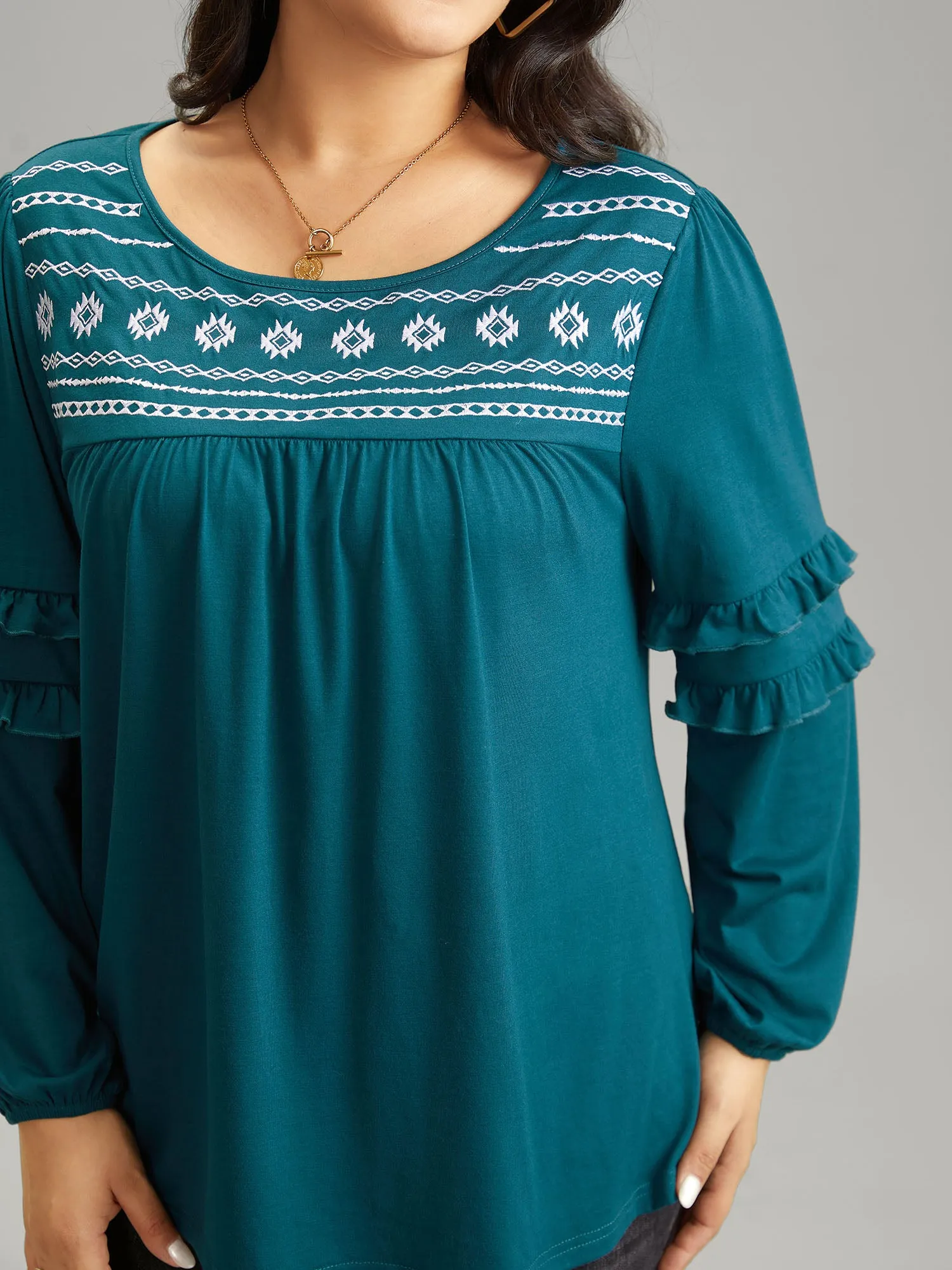 Boho Print Embroidered Ruffle Trim Gathered T-shirt sold by Bloomchic product image thumbnail 2