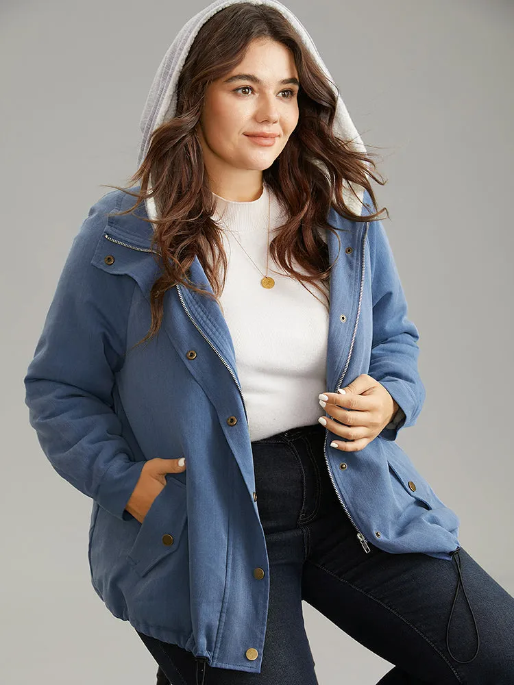 Denim Hooded Drawstring Fuzzy Patchwork Jacket sold by Bloomchic