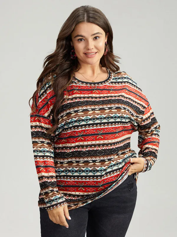 Christmas Print Contrast Crew Neck T-shirt sold by Bloomchic