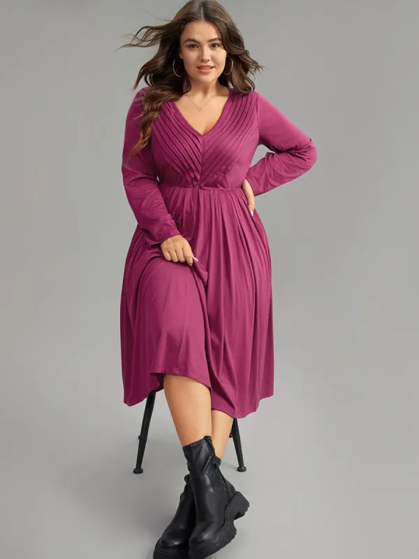 Solid Pleated V Neck Elastic Waist Dress made by Bloomchic