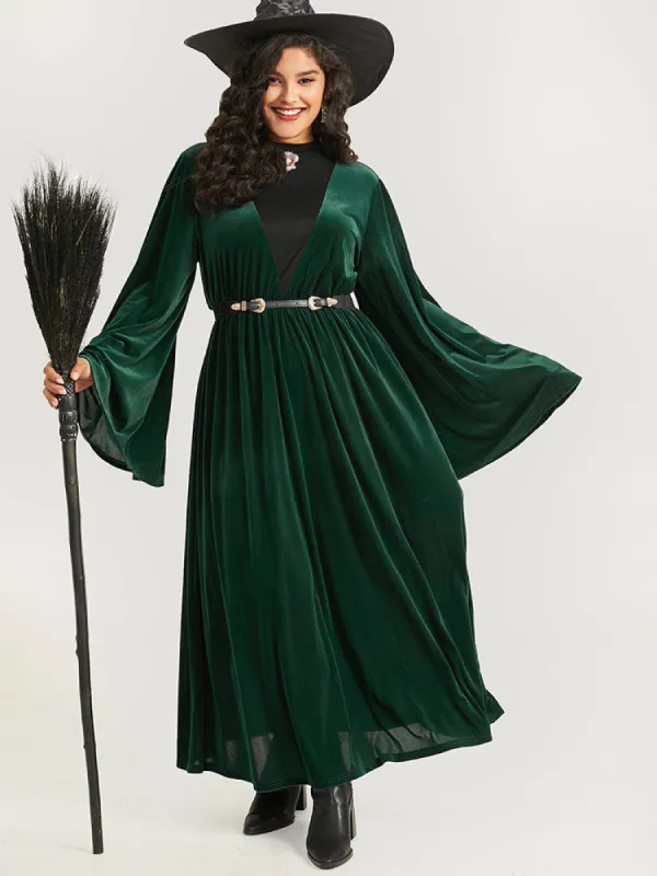 Halloween Velvet Patchwork Bell Sleeve Metal Detail Dress sold by Bloomchic