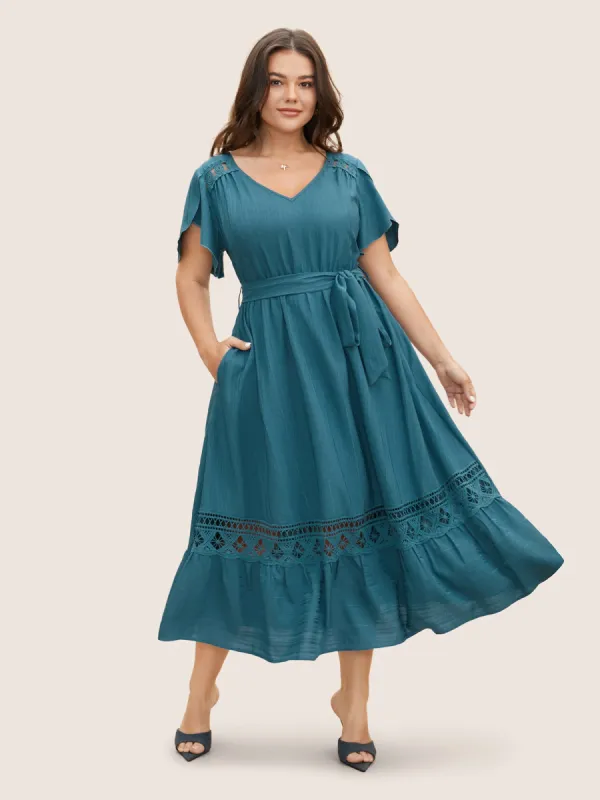 Solid Crochet Lace Petal Sleeve Dress sold by Bloomchic