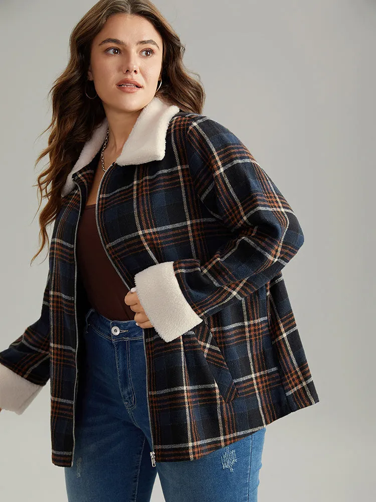 Plaid Fuzzy Trim Pocket Zipper Fly Jacket sold by Bloomchic product image thumbnail 3