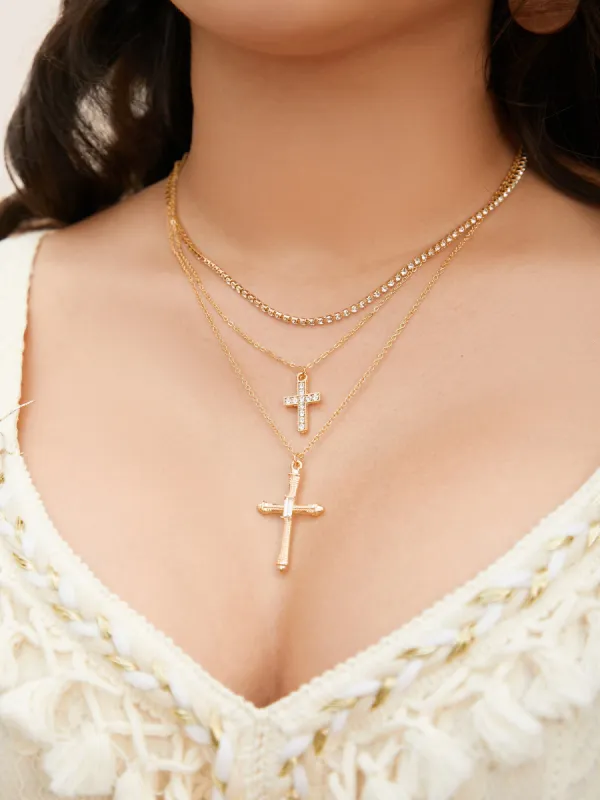 Multi Layer Cubic Zirconia Cross Pendant Necklace sold by Bloomchic