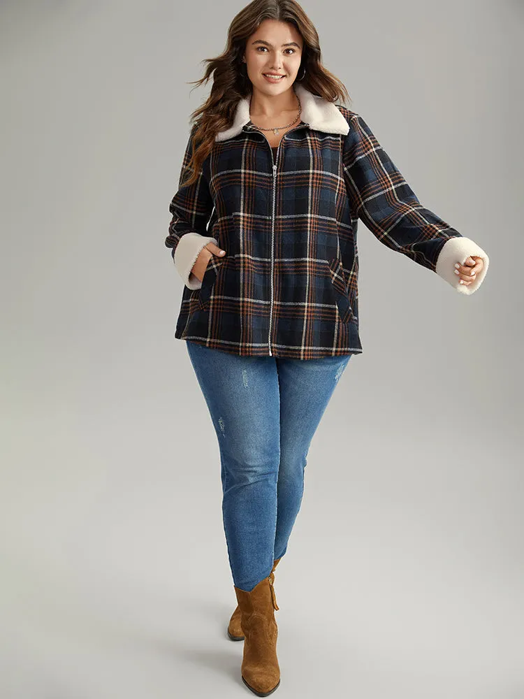 Plaid Fuzzy Trim Pocket Zipper Fly Jacket sold by Bloomchic product image thumbnail 4
