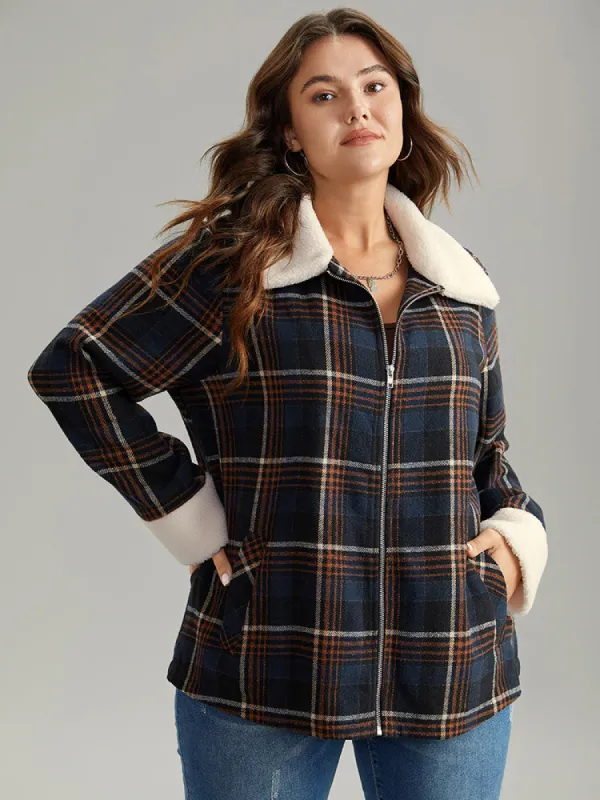 Plaid Fuzzy Trim Pocket Zipper Fly Jacket sold by Bloomchic