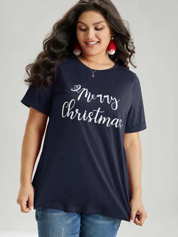 Christmas Print Round Neck T-shirt sold by Bloomchic