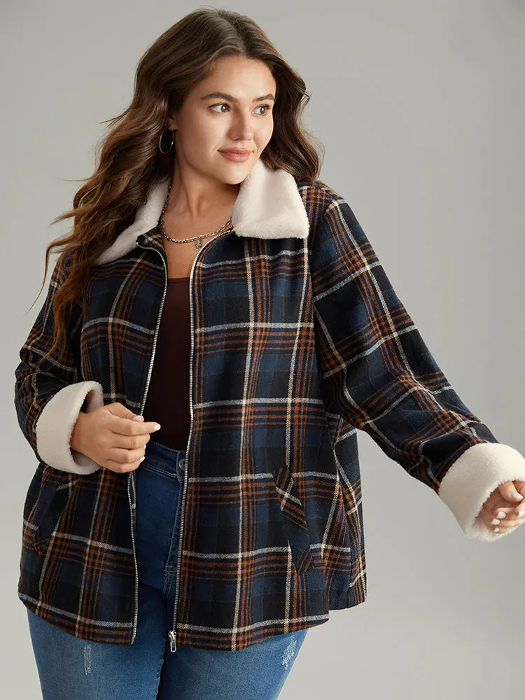 Plaid Fuzzy Trim Pocket Zipper Fly Jacket sold by Bloomchic product image thumbnail 5