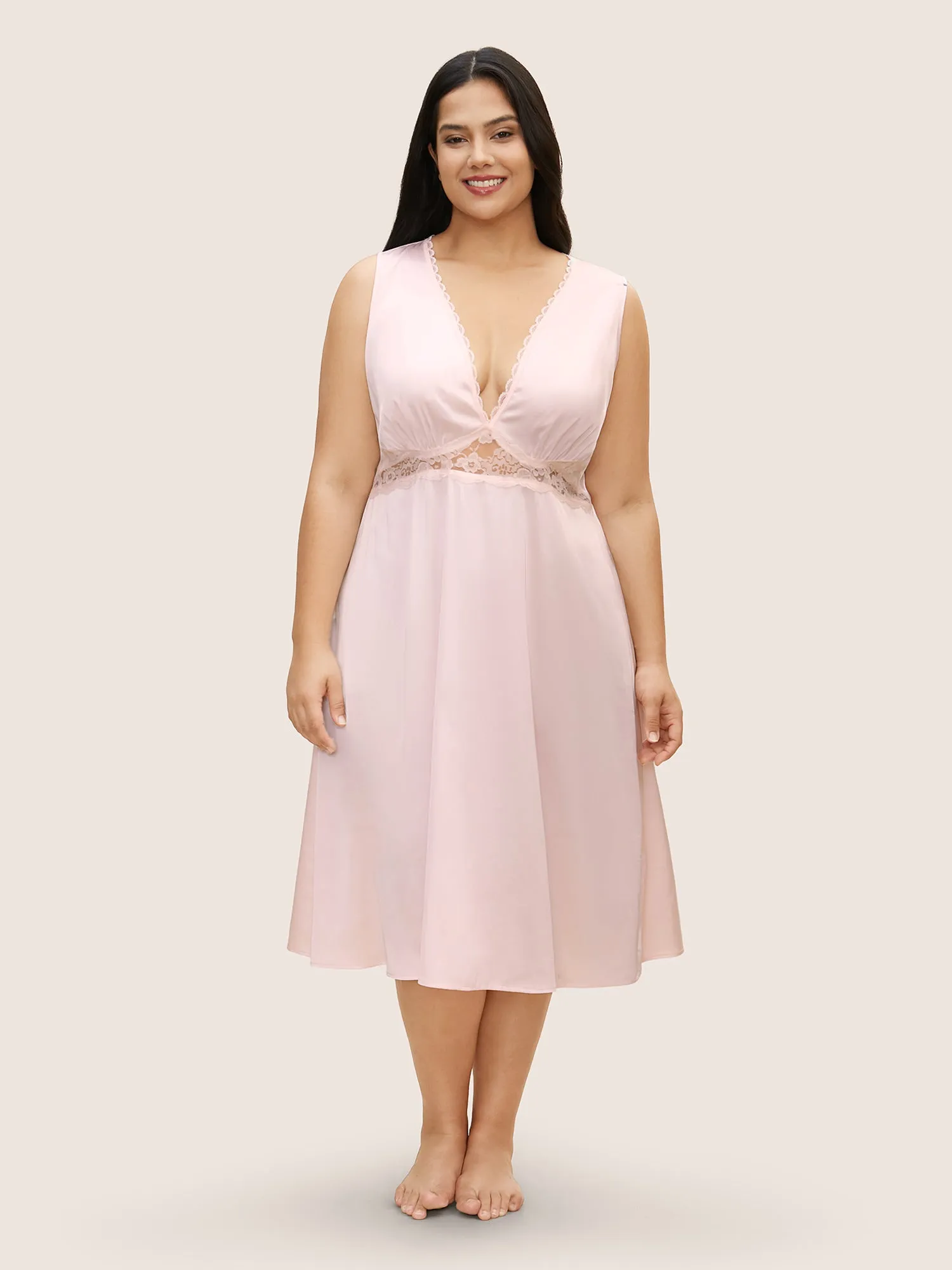 Deep V Neck Lace Patchwork Gathered Sleep Dress sold by Bloomchic