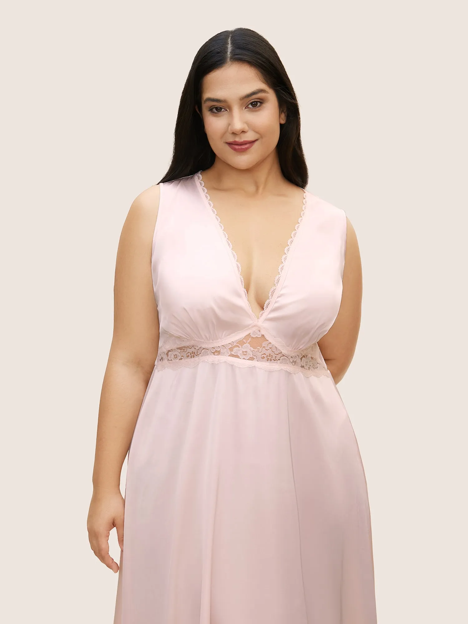 Deep V Neck Lace Patchwork Gathered Sleep Dress sold by Bloomchic product image thumbnail 2