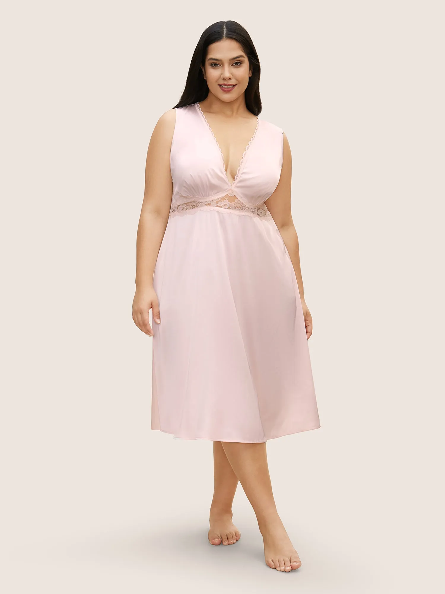 Deep V Neck Lace Patchwork Gathered Sleep Dress sold by Bloomchic product image thumbnail 3