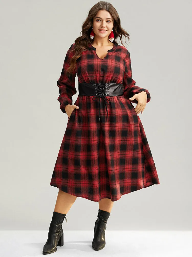 Plaid Lace Up PU Leather Notched Dress sold by Bloomchic