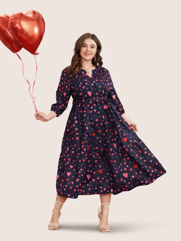 Heart Print V Neck Pocket Belted Lantern Sleeve Ruffles Dress sold by Bloomchic