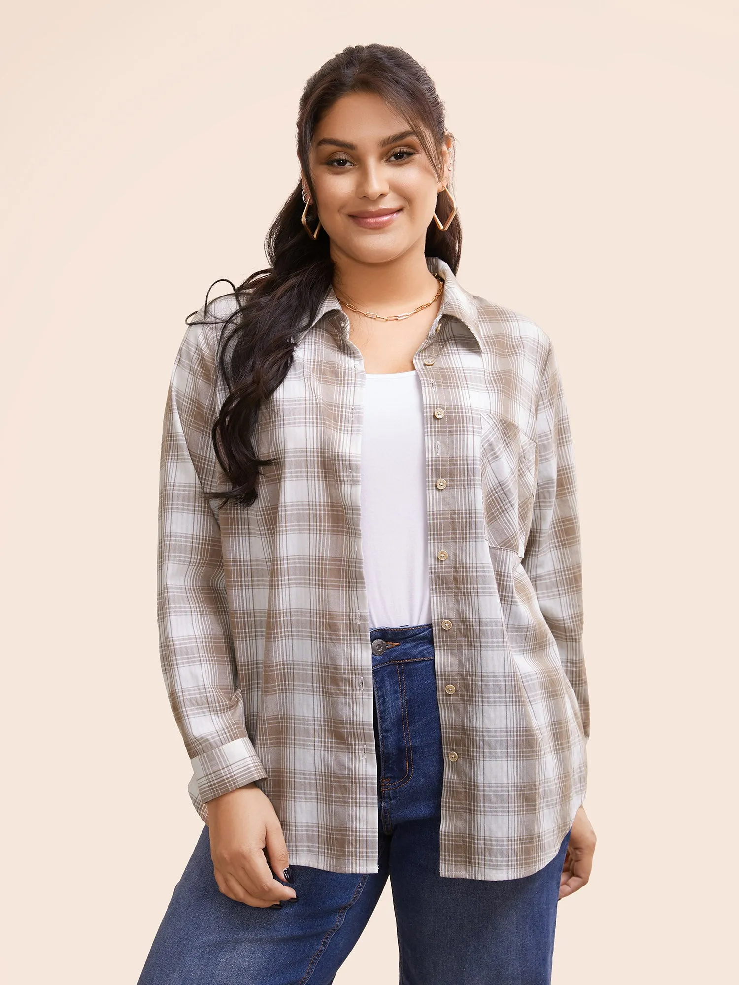 Plaid Shirt Collar Patch Pocket Blouse sold by Bloomchic