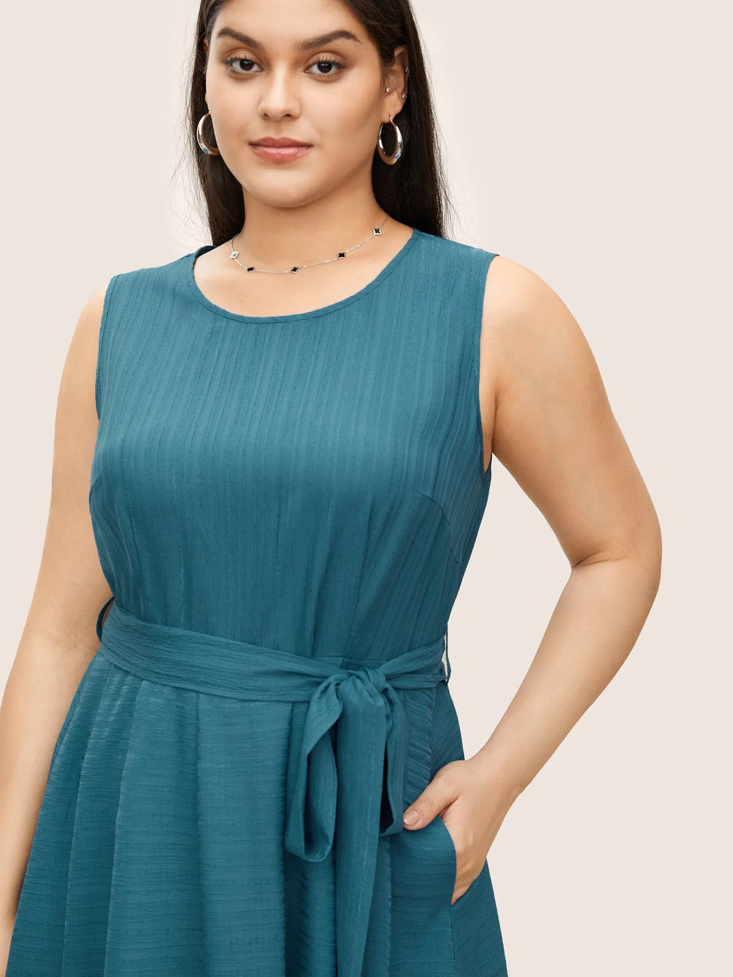 Solid Texture Round Neck Belted Tank Dress sold by Bloomchic product image thumbnail 4