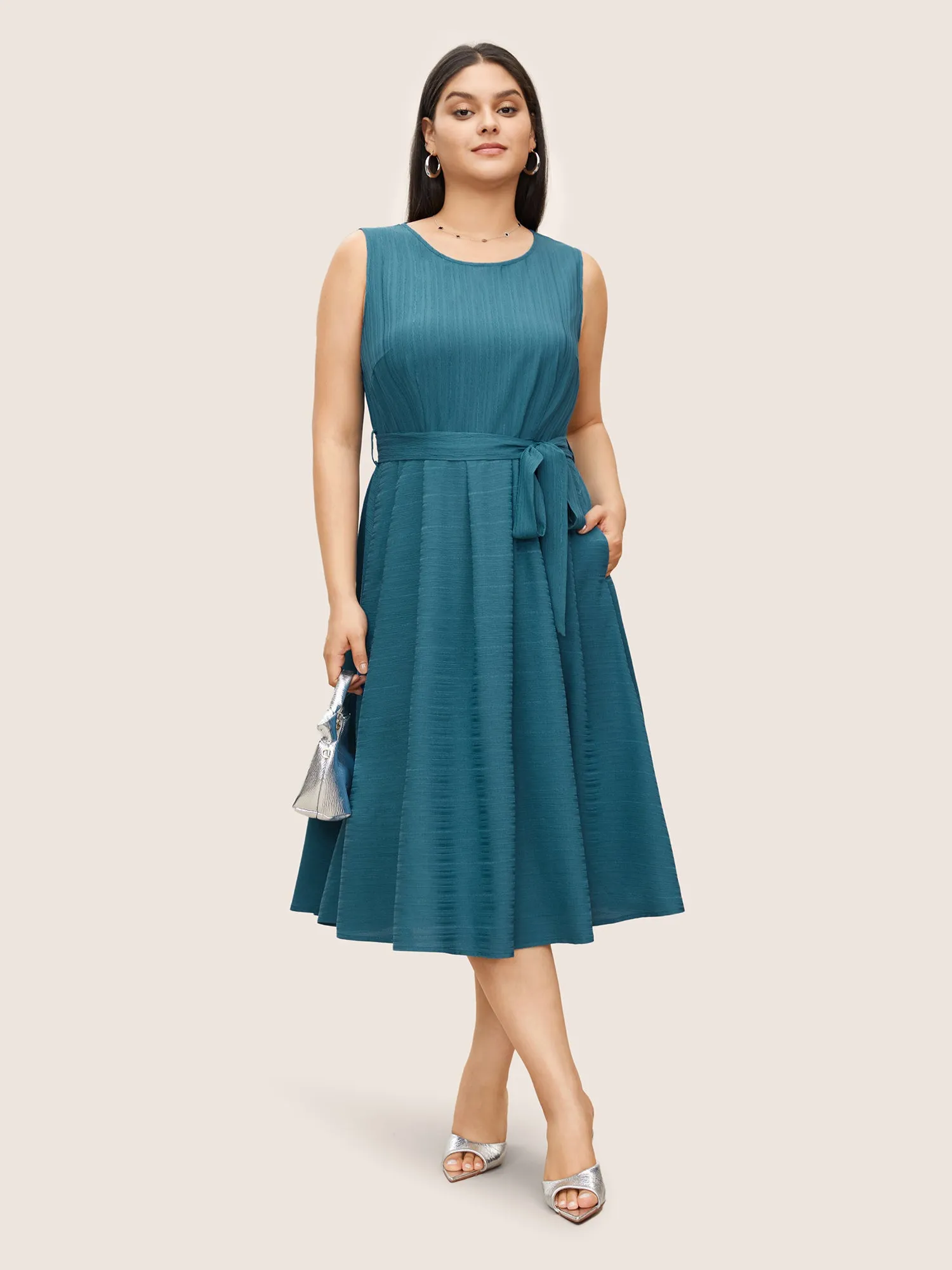 Solid Texture Round Neck Belted Tank Dress sold by Bloomchic product image thumbnail 2