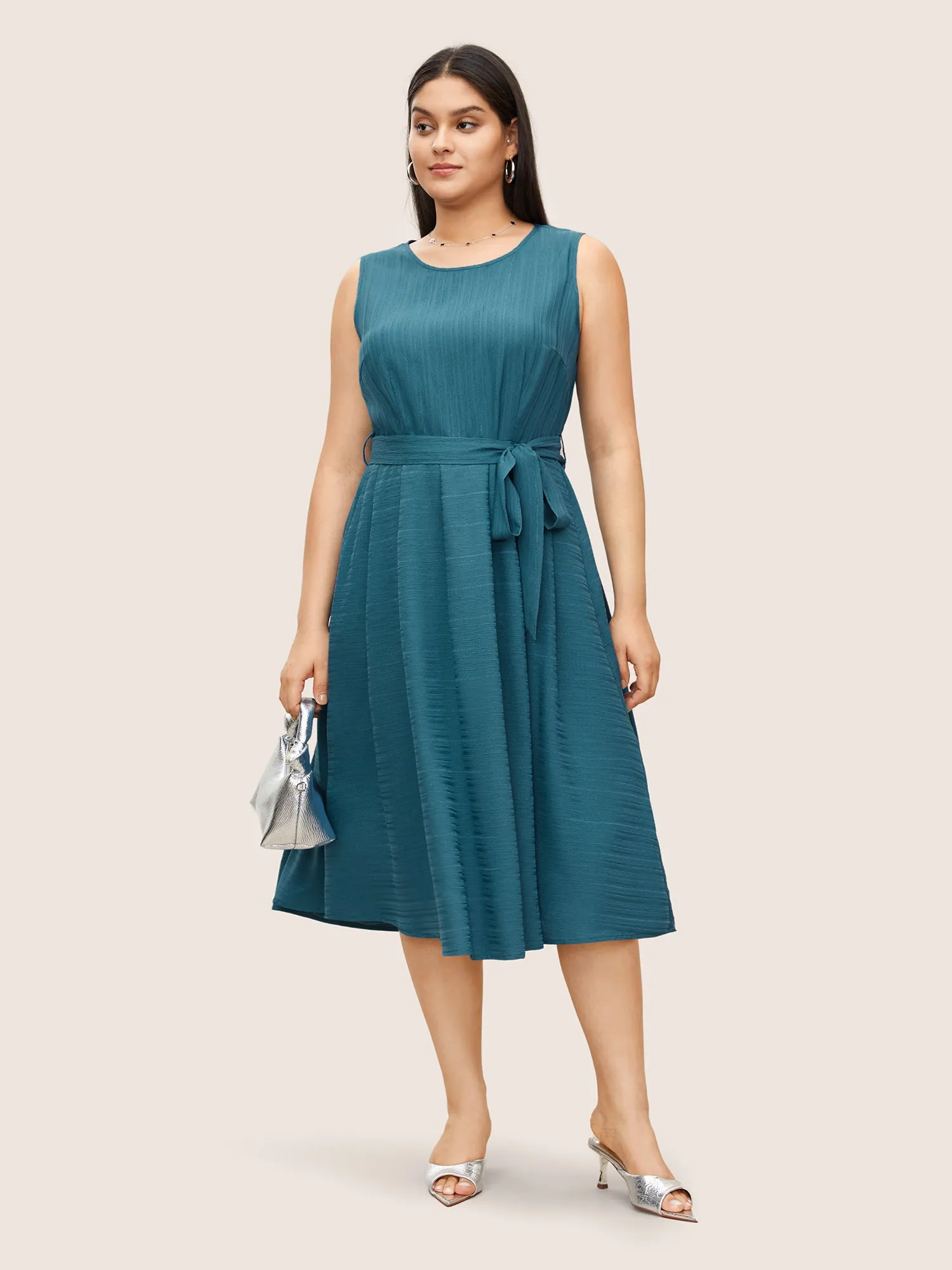 Solid Texture Round Neck Belted Tank Dress sold by Bloomchic