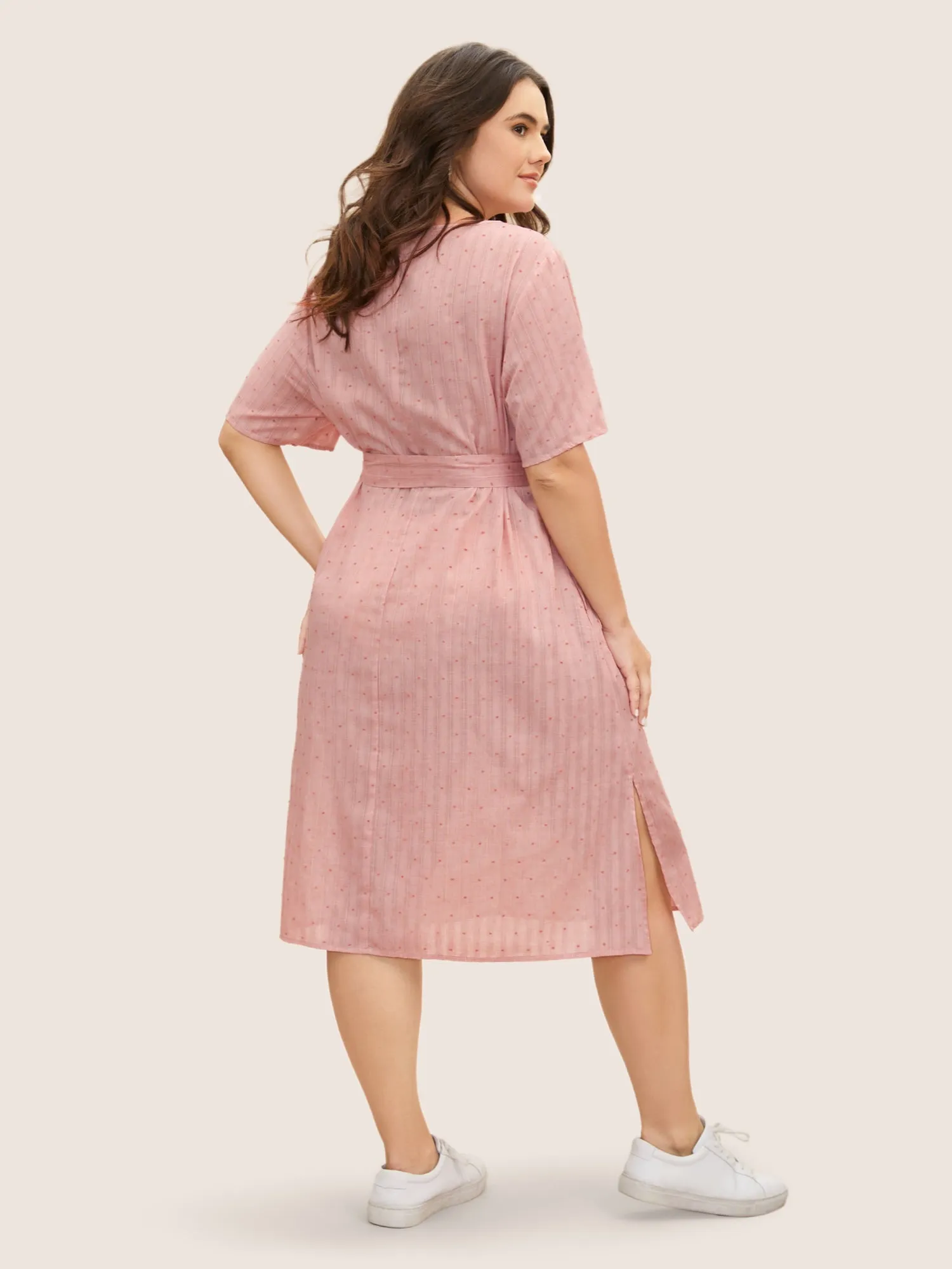 Polka Dot Jacquard Split Hem Belted Dress sold by Bloomchic product image thumbnail 3