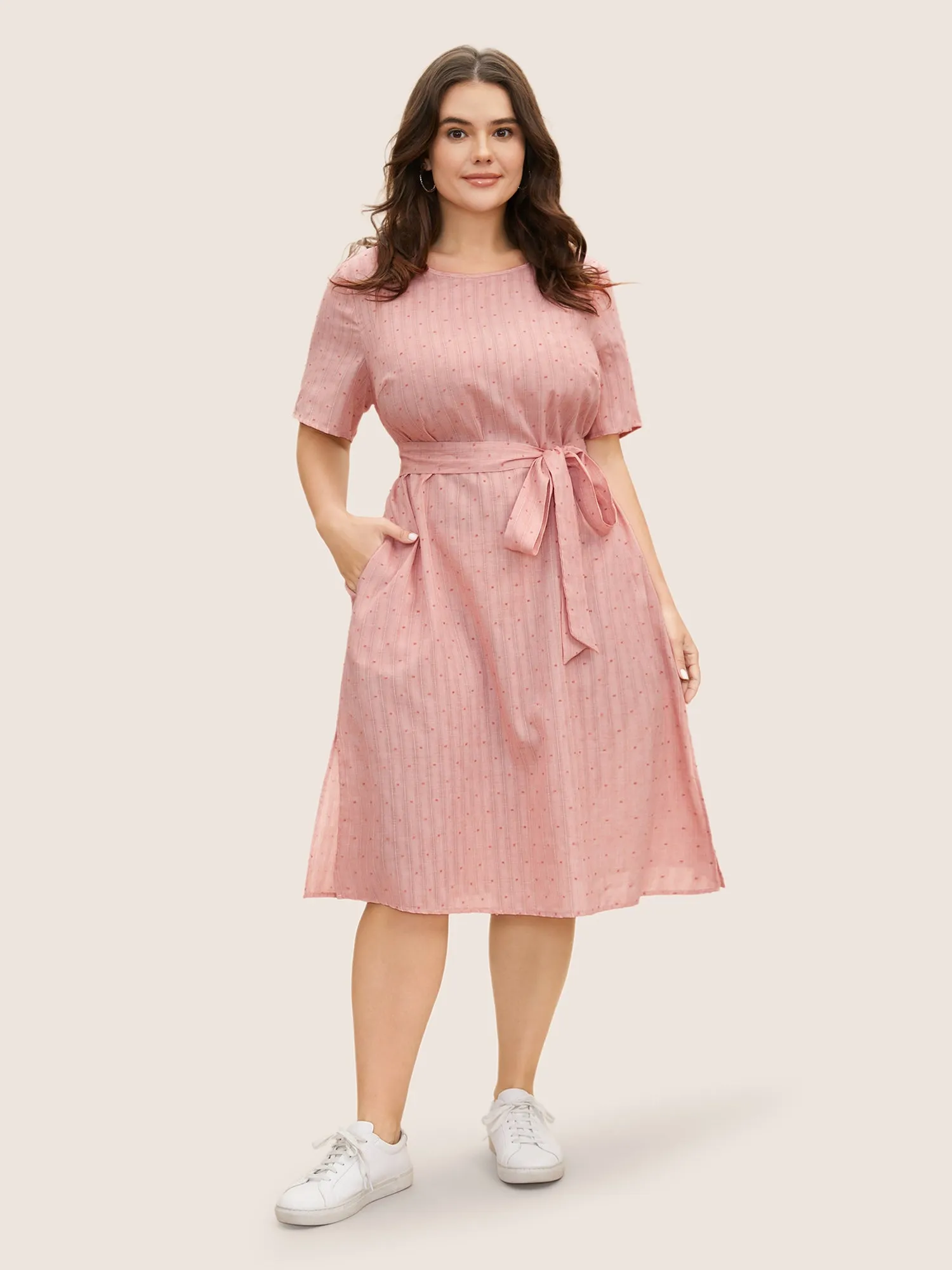 Polka Dot Jacquard Split Hem Belted Dress sold by Bloomchic product image thumbnail 2