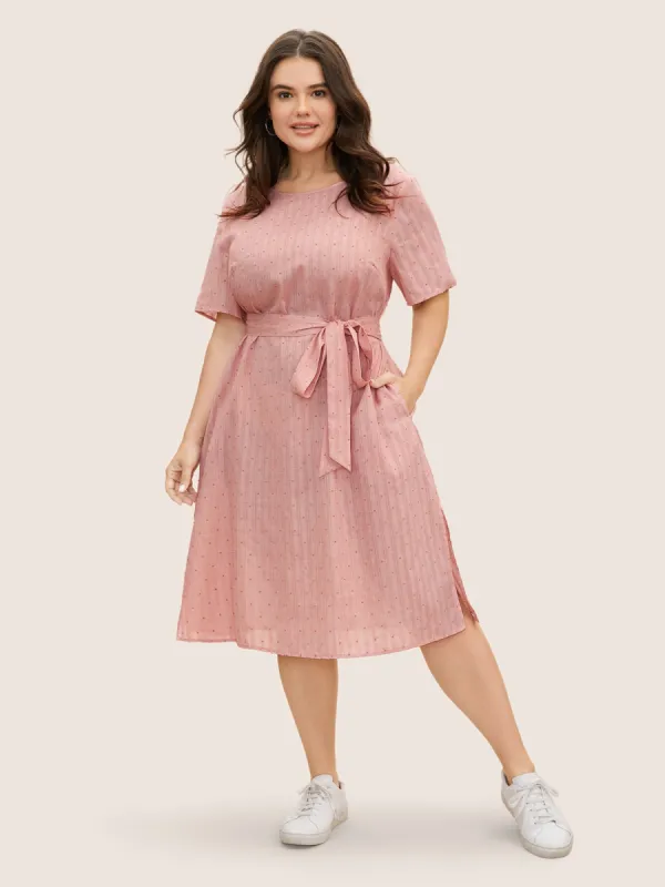 Polka Dot Jacquard Split Hem Belted Dress sold by Bloomchic